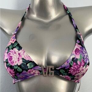 Victorias Secret Nwt Floral Embellished VS Shine Logo Swim Bikini Top Medium M